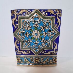 Hand Painted And Glazed Persian Style Ceramic Tile Floral Appx 11.5"×9"×1" Blue